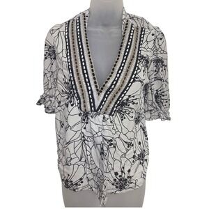 Blank London Women's Small Black White Floral V Neck Embellished Blouse Top